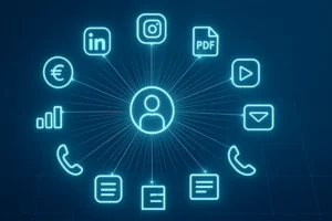 Un'icona di un profilo utente al centro di un hub digitale, che rappresenta la piattaforma MyNFCBusinessCard che connette social media, contatti, documenti e funzioni business.