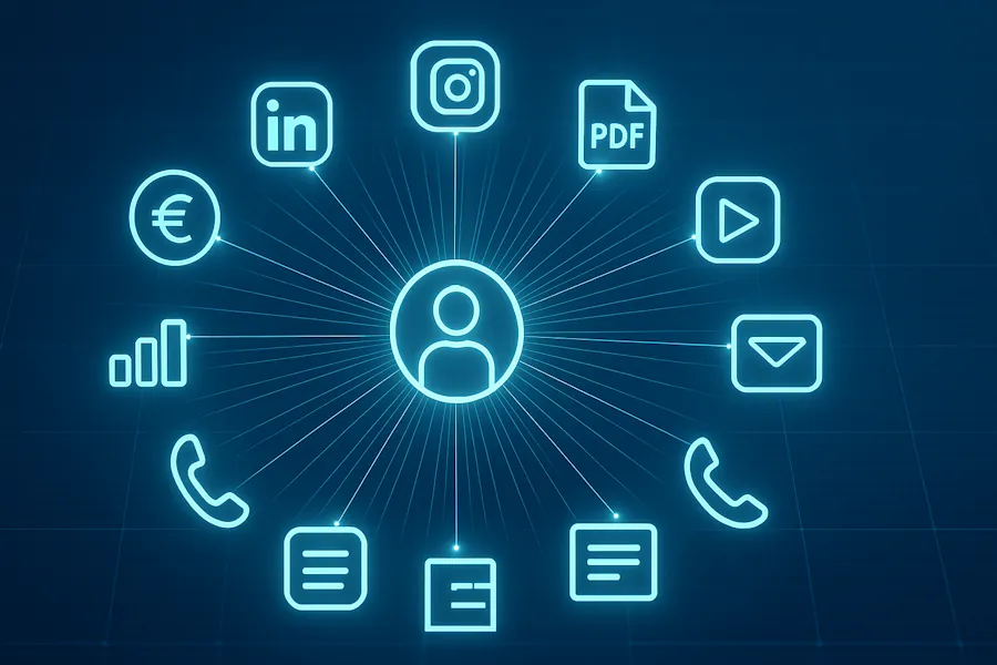 Un'icona di un profilo utente al centro di un hub digitale, che rappresenta la piattaforma MyNFCBusinessCard che connette social media, contatti, documenti e funzioni business.