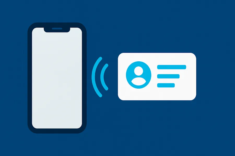 Primo piano di uno smartphone che tocca un biglietto da visita, mostrando il funzionamento della tecnologia NFC per il networking digitale.