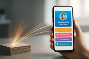 Immagine che illustra i vantaggi di un biglietto da visita digitale, mostrando la transizione da una pila di carte obsolete a un profilo interattivo e moderno su uno smartphone.